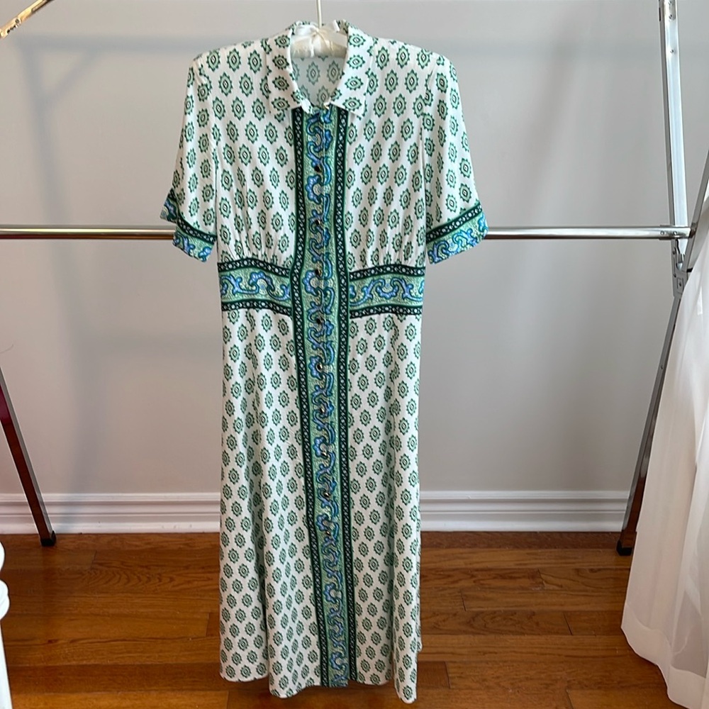 Sandro Green & White Printed Shirt Dress - Picture 3 of 8